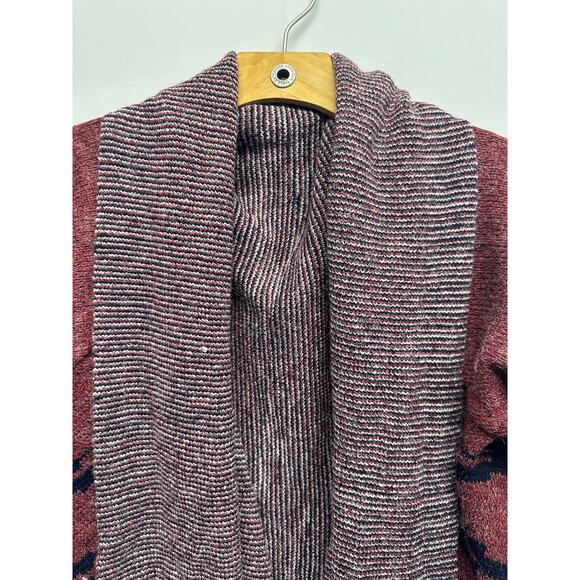 Boho Fringe Open Front Cardigan Sweater Maroon Aztec Shawl Collar Cozy - Picture 5 of 10